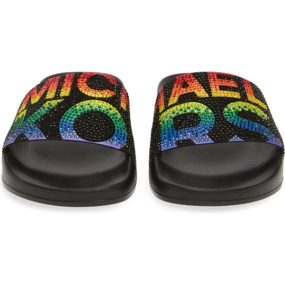 Michael Kors Gilmore Slides Black Rainbow Crystals - Picture 8 of 12